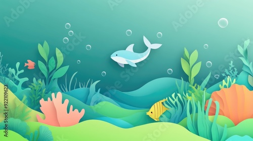 Papercut Playful Sea Creatures, Coral Reefs, and Enchanting Underwater Landscapes: Abstract Simple Minimal Joyful and Colorful 2D Layered Layout