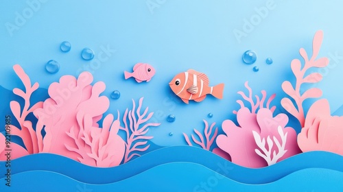 Papercut Playful Sea Creatures, Coral Reefs, and Enchanting Underwater Landscapes: Abstract Simple Minimal Joyful and Colorful 2D Layered Layout