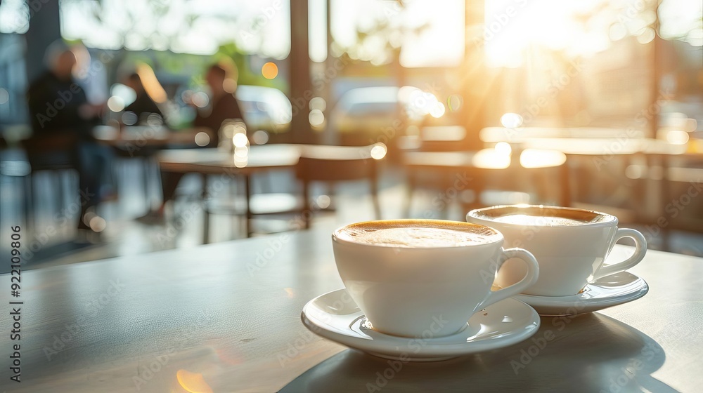 Two cups of coffee on a table in a cafe, with blurry background of people and sunlight. Two cups of coffee on a table in a cafe, with blurry background of people and sunlight.