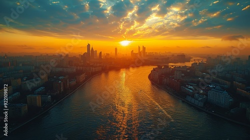 Golden Hour Cityscape Breathtaking Aerial Panorama Of The Urban Skyline With A River At Sunset.