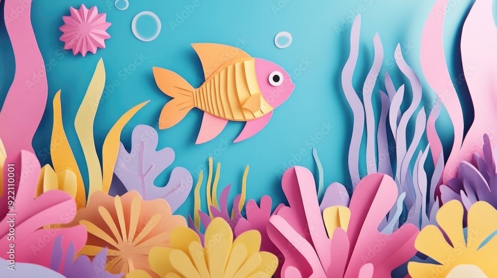 Fototapeta premium Papercut Playful Sea Creatures, Coral Reefs, and Enchanting Underwater Landscapes: Abstract Simple Minimal Joyful and Colorful 2D Layered Layout