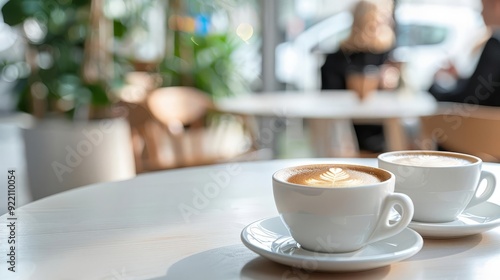 Two cups of latte coffee on a table in a cafe.