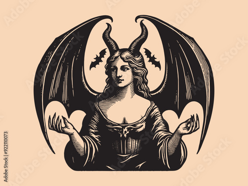 Beautiful horned demon woman with wings. Vintage old engraving illustration emblem, tattoo, print