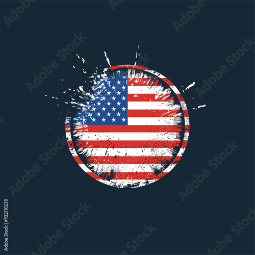 American flag within a circle with artistic paint splashes.