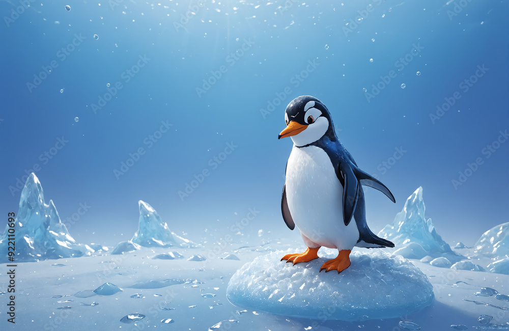 Obraz premium 3d render of cartoon penguin in realistic ice background