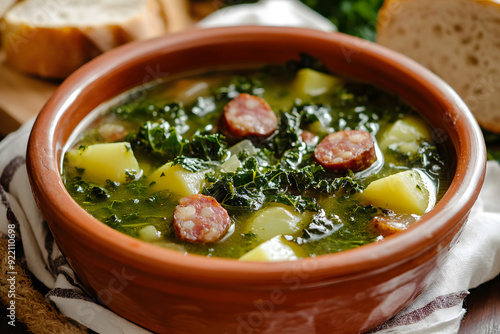 Close-up of Caldo Verde soup with vibrant green kale, potatoes, and chourico in a rustic earthenware bowl. photo