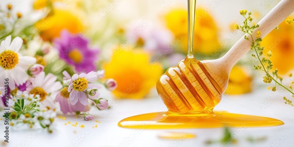 A spoonful of honey is dripping from a honeycomb. The honey is yellow and the spoon is wooden. The image has a warm and inviting mood, with the honey and flowers creating a sense of sweetness A spoonful of honey is dripping from a honeycomb. The honey is yellow and the spoon is wooden. The image has a warm and inviting mood, with the honey and flowers creating a sense of sweetness