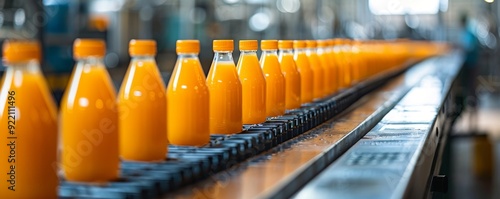 Bottled orange juice moving on a conveyor belt in a modern factory setting photo