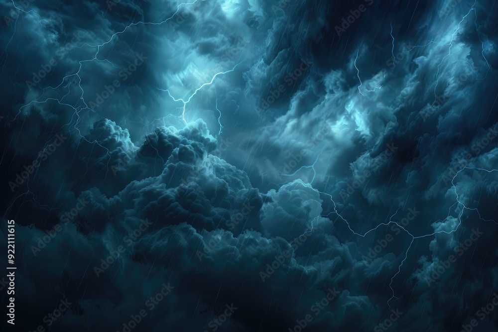 Dramatic Thunderstorm with Dark Blue Sky and Illuminated Clouds, Striking Lightning Flashes at Dusk Dramatic Thunderstorm with Dark Blue Sky and Illuminated Clouds, Striking Lightning Flashes at Dusk
