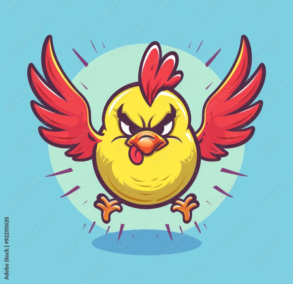cartoon vector style logo of an angry yellow chicken with red wings, flying on blue background, cartoon vector style logo of an angry yellow chicken with red wings, flying on blue background,