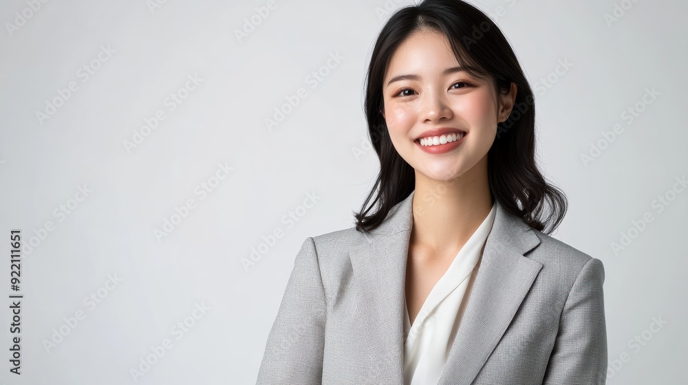 A young professional Asian woman in a gray suit, smiling as she gears up for a business meeting, highlights her potential and expertise. A young professional Asian woman in a gray suit, smiling as she gears up for a business meeting, highlights her potential and expertise.