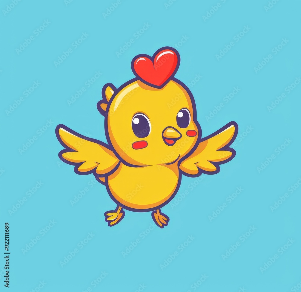 cartoon yellow chicken flying with red heart on head, simple flat vector illustration logo design for cartoon yellow chicken flying with red heart on head, simple flat vector illustration logo design for