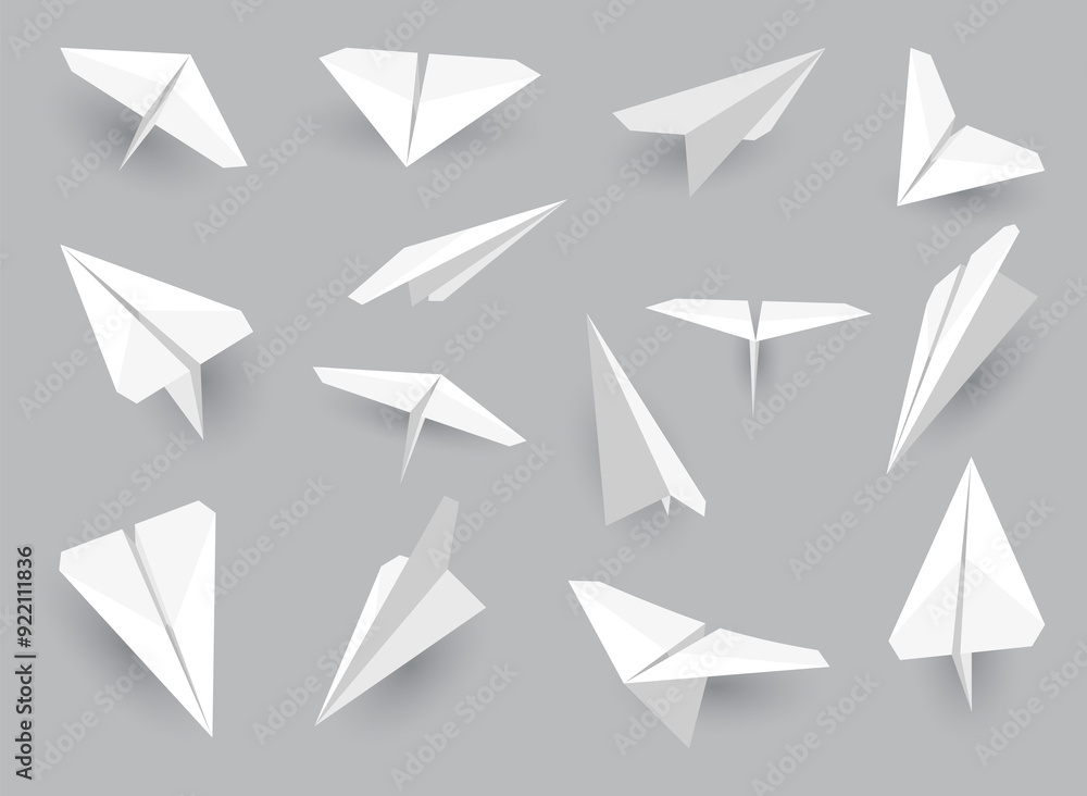 Paper planes collection. Origami handmade aircraft set in different view. white model paper airplanes with shadow, isolated on gray background Paper planes collection. Origami handmade aircraft set in different view. white model paper airplanes with shadow, isolated on gray background