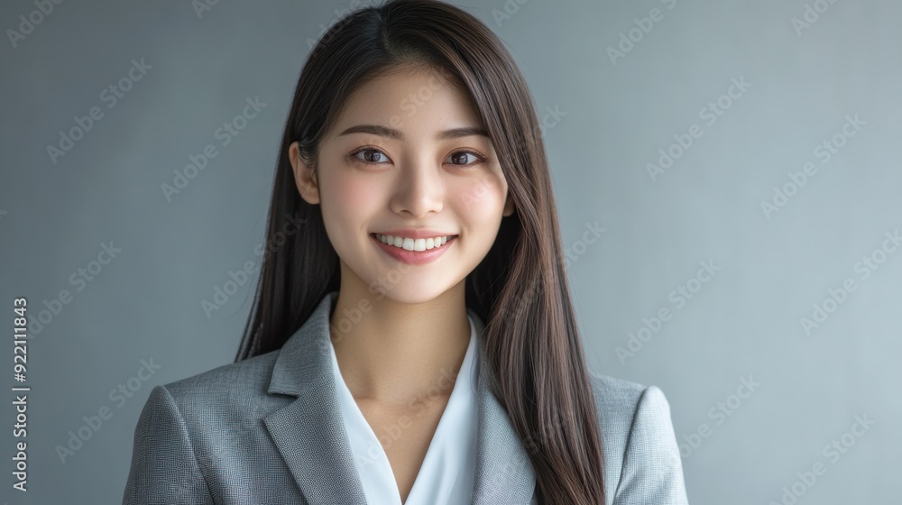 A young professional Asian woman in a gray suit, smiling as she gears up for a business meeting, highlights her potential and expertise. A young professional Asian woman in a gray suit, smiling as she gears up for a business meeting, highlights her potential and expertise.
