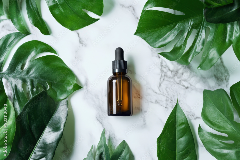 Amber glass dropper bottle for cosmetic serum or essential oil on marble background with monstera leaves, promoting natural beauty product Amber glass dropper bottle for cosmetic serum or essential oil on marble background with monstera leaves, promoting natural beauty product