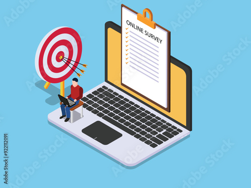 Man sitting on a laptop with bulls eye target 3d isometric vector illustration