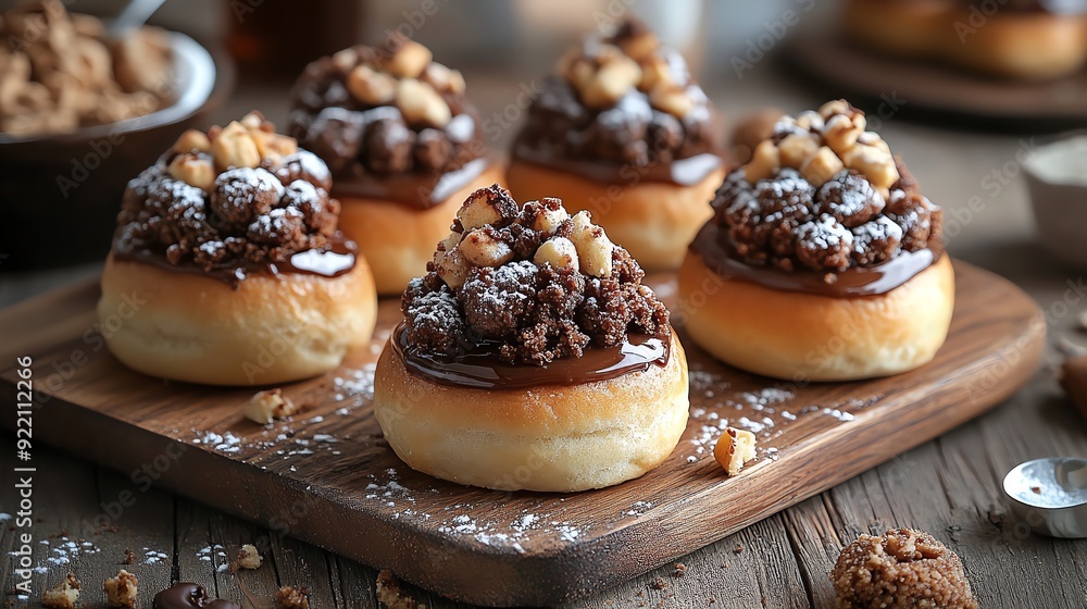 Bitesized buns filled with pudding and topped with cookie chunks, arranged on a rustic wooden board, bitesized pudding buns cookies, rustic dessert bites Bitesized buns filled with pudding and topped with cookie chunks, arranged on a rustic wooden board, bitesized pudding buns cookies, rustic dessert bites