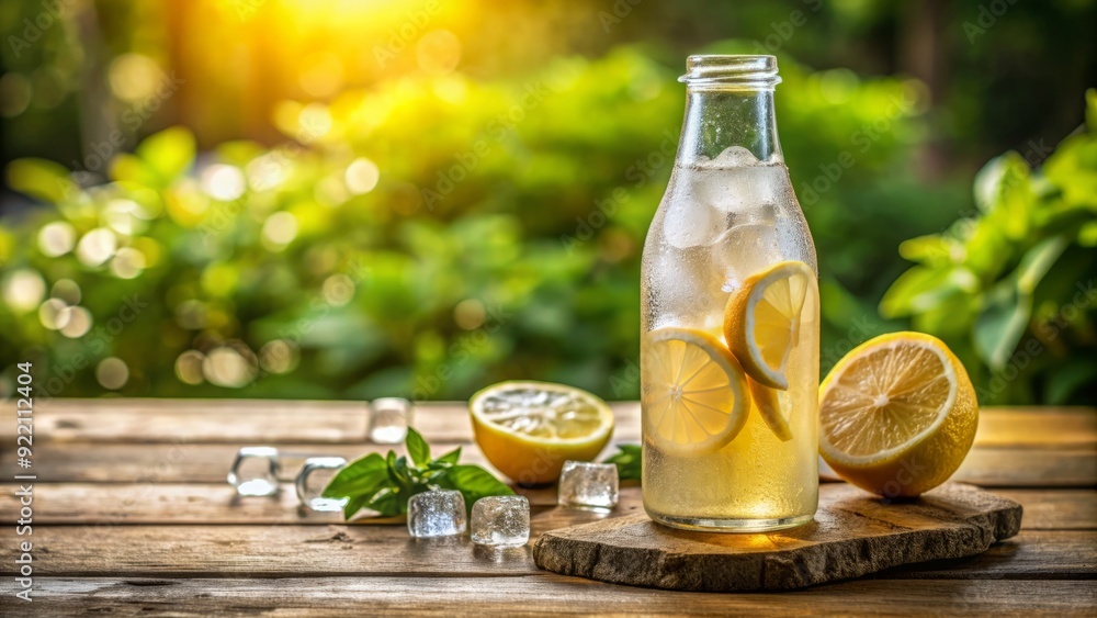 A cold glass bottle filled with fizzy, sugary drink and ice, garnished with a slice of lemon, sits on a rustic wooden table outdoors. A cold glass bottle filled with fizzy, sugary drink and ice, garnished with a slice of lemon, sits on a rustic wooden table outdoors.