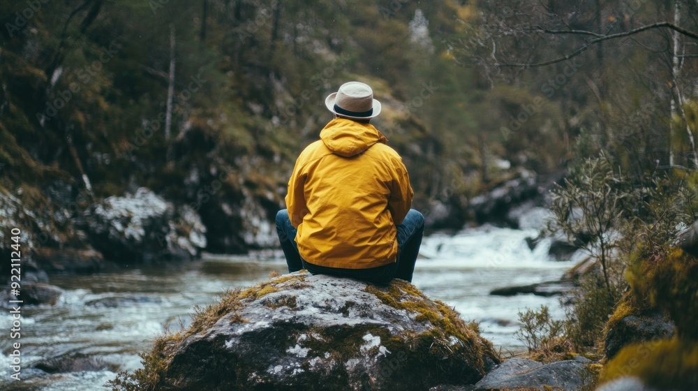 Man Sitting on a Rock by a River Man Sitting on a Rock by a River