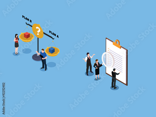 Check list with magnifying glass, compare plan A and plan B on balance scales 3d isometric vector illustration