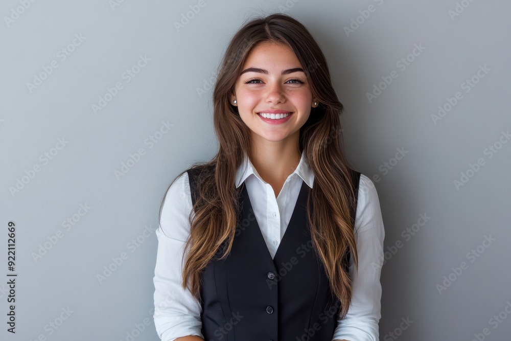 Caucasian woman in a white shirt and vest, posed against a minimalist white background. Caucasian woman in a white shirt and vest, posed against a minimalist white background.