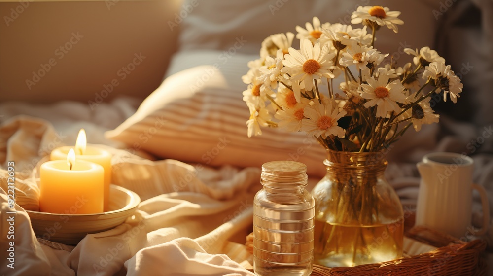 Obraz premium Cozy home interior with a bouquet of wildflowers in a vase, candles, and soft towels on a sunny day, creating a peaceful and relaxing atmosphere with sun light.