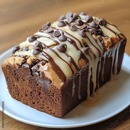 Chocolate chip bread with a brownie swirl, baked into a cakelike loaf and drizzled with white chocolate, chocolate chip bread brownie cake, sweet and savory dessert photo