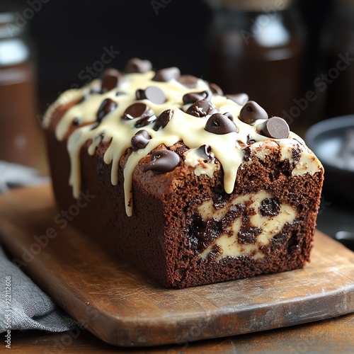 Chocolate chip bread with a brownie swirl, baked into a cakelike loaf and drizzled with white chocolate, chocolate chip bread brownie cake, sweet and savory dessert photo