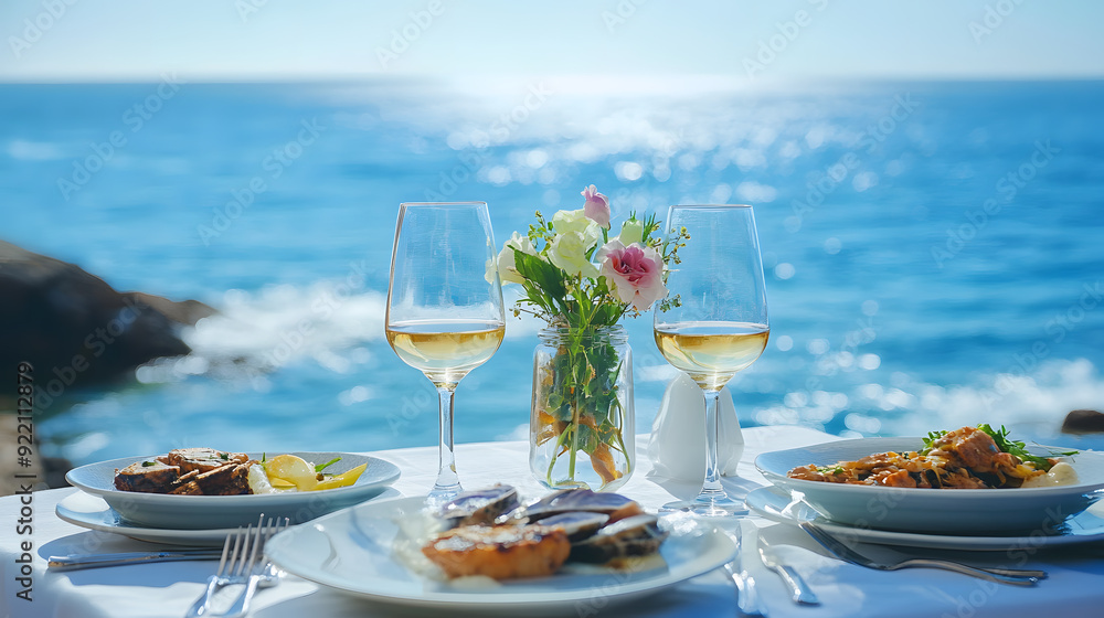 Stunning coastal setting with elegantly set table, Portuguese dishes, and Vinho Verde, overlooking a serene ocean at sunset. Stunning coastal setting with elegantly set table, Portuguese dishes, and Vinho Verde, overlooking a serene ocean at sunset.