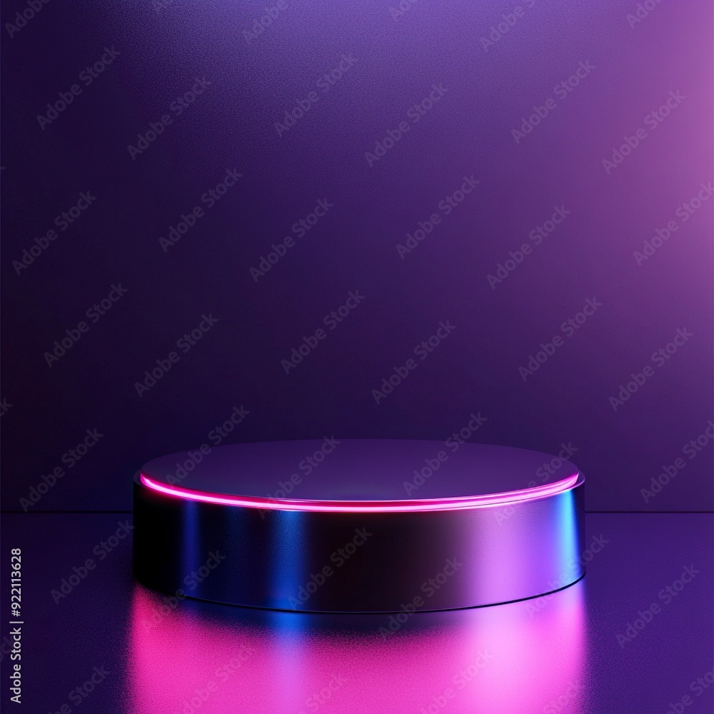An empty sleek metallic product podium with a neons, set against a gradient of deep purple,style raw , generative ai An empty sleek metallic product podium with a neons, set against a gradient of deep purple,style raw , generative ai