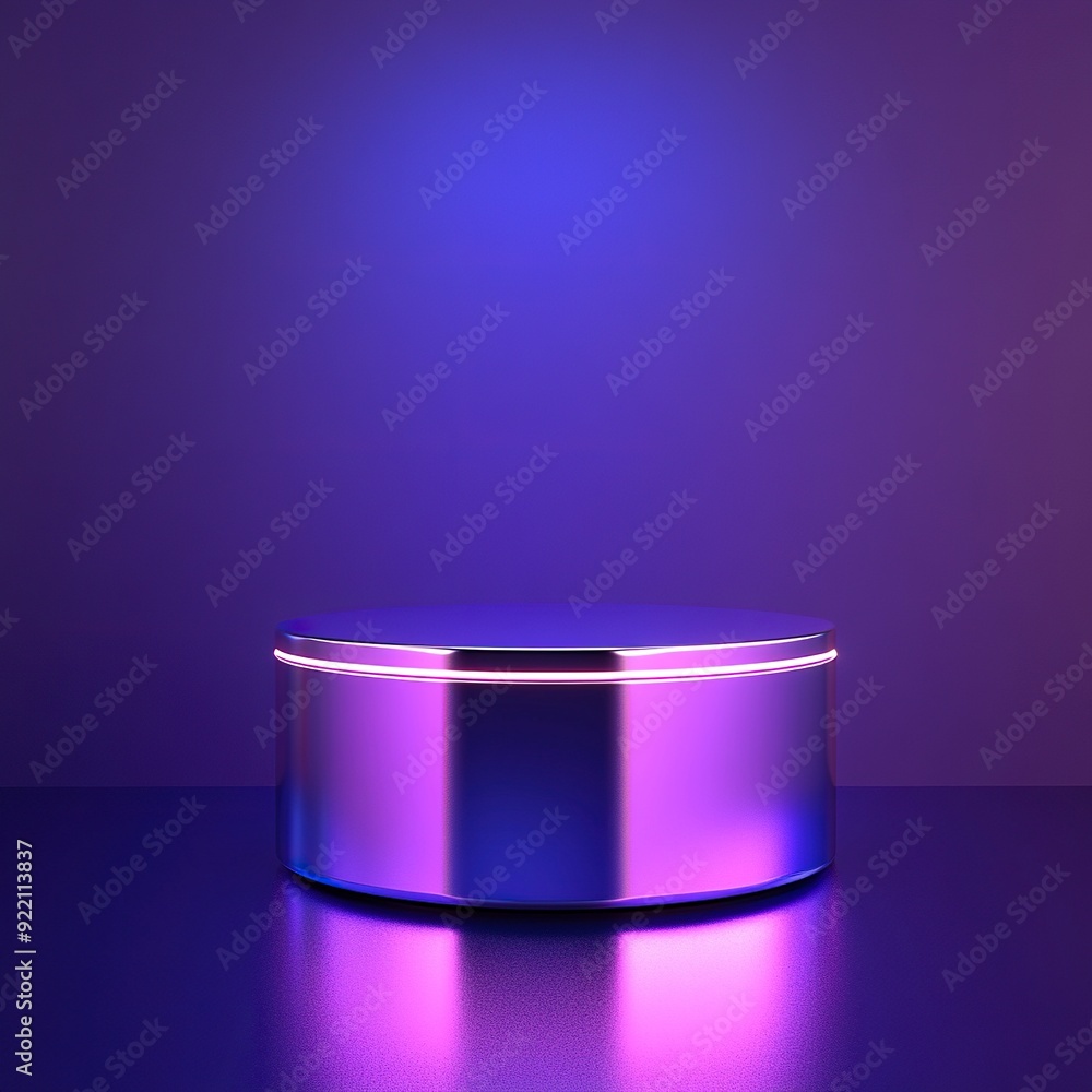 An empty sleek metallic product podium with a neons, set against a gradient of deep purple,style raw , generative ai An empty sleek metallic product podium with a neons, set against a gradient of deep purple,style raw , generative ai