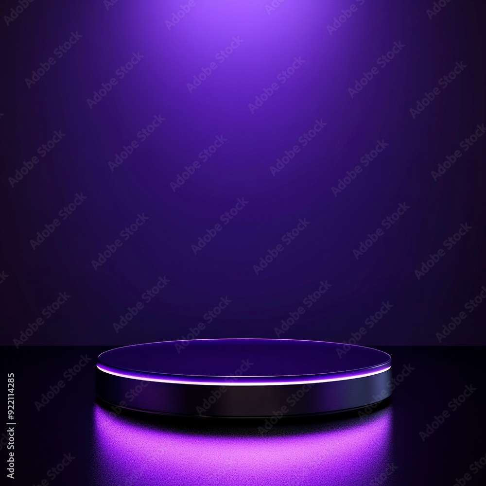An empty sleek metallic product podium with a neons, set against a gradient of deep purple,style raw , generative ai An empty sleek metallic product podium with a neons, set against a gradient of deep purple,style raw , generative ai