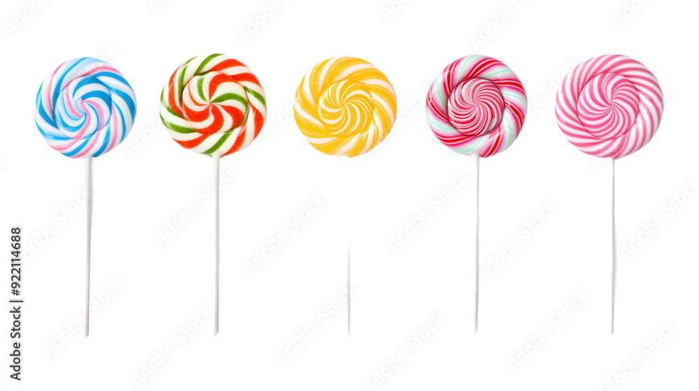 Set of lollipops, sucker with swirls, top view, flat lay, isolated on white background Set of lollipops, sucker with swirls, top view, flat lay, isolated on white background