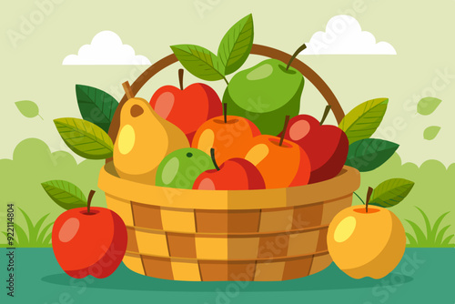 A basket filled with freshly harvested apples and pears