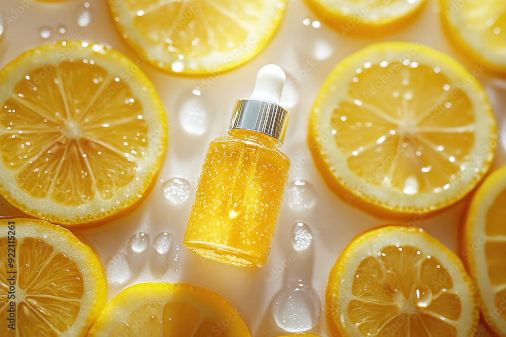Glass bottle with dropper containing vitamin c serum is laying on its side and surrounded by freshly cut lemon slices Glass bottle with dropper containing vitamin c serum is laying on its side and surrounded by freshly cut lemon slices