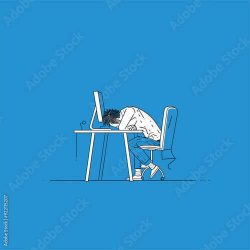 Office worker asleep at desk, head on keyboard.