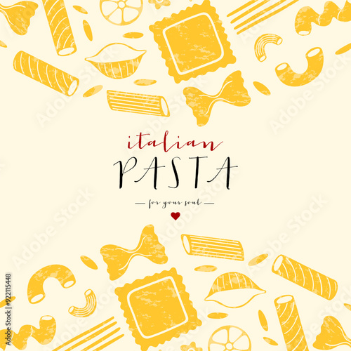 Italian pasta frame background. Different types of Italian pasta. Spaghetti, farfalle, penne, rigatoni, ravioli, fusilli, conchiglie, elbows, rotelle, orzo, paccheri illustration.