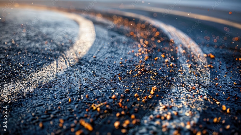 A close-up of a racetrack corner with skid marks and rubber debris, showing the intensity of high-speed racing A close-up of a racetrack corner with skid marks and rubber debris, showing the intensity of high-speed racing