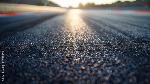 A close-up of a smooth asphalt surface on a racetrack, highlighting the texture and quality of the track materials