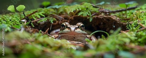 Close-up of a Green and Brown Frog Partially Hidden in Moss and Ferns