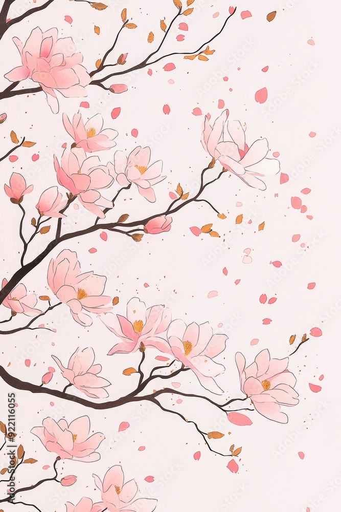 Fototapeta premium Pink Magnolia Blossom Tree Branch with Falling Petals