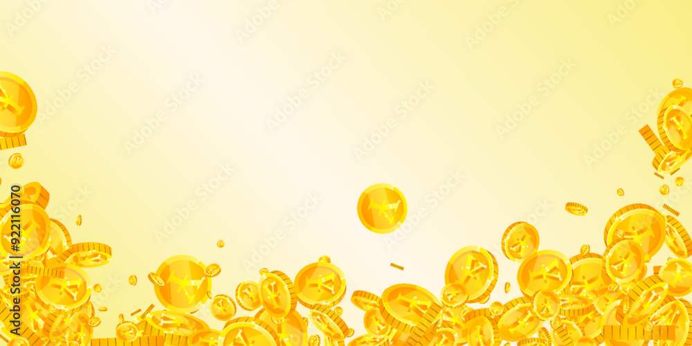 Japanese yen coins falling. Scattered gold JPY Japanese yen coins falling. Scattered gold JPY