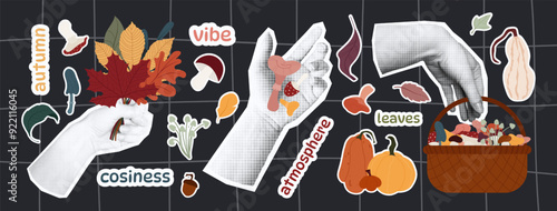 Autumn Halftone Collage with Cozy Elements and Hands