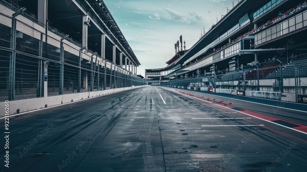 A deserted racetrack with empty grandstands, waiting for the excitement and energy of race day to return A deserted racetrack with empty grandstands, waiting for the excitement and energy of race day to return