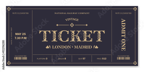 Universal vintage ticket template with golden text on a dark background. For excursion routes, retro parties, clubs and other projects. Just add your own text. Vector, can be used for printing.
