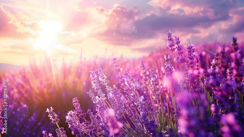 Obraz premium A field of blooming lavender under a bright sky, representing growth, tranquility, and the success of nature