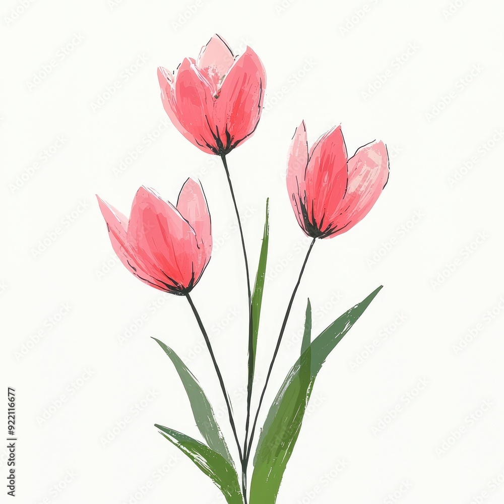 Watercolor Pink Tulips on White Background Watercolor Pink Tulips on White Background
