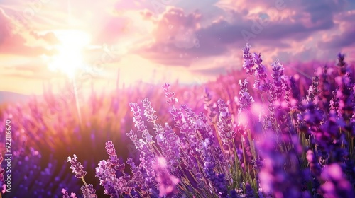 A field of blooming lavender under a bright sky, representing growth, tranquility, and the success of nature