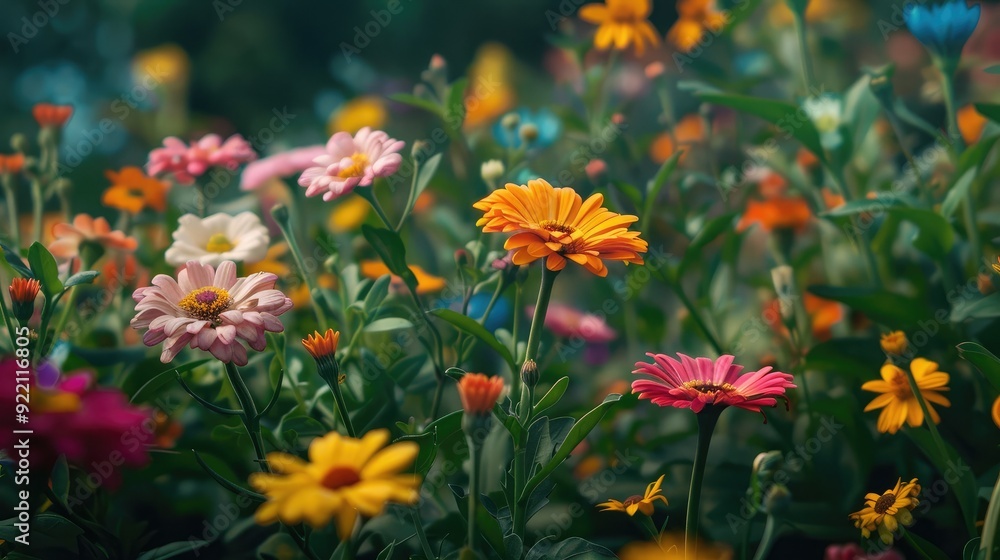 A flourishing garden with colorful flowers, representing growth, prosperity, and the success of cultivation A flourishing garden with colorful flowers, representing growth, prosperity, and the success of cultivation