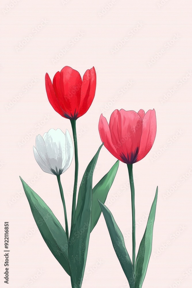 Fototapeta premium White and Red Tulips on a Pink Background